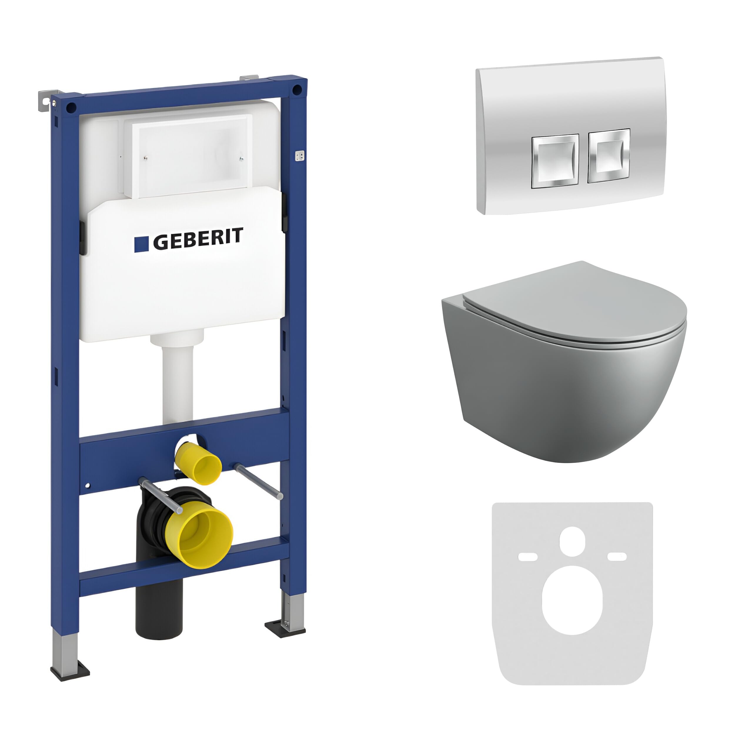 GEBERIT Duofix Basic Élément mural + chasse d'eau murale Sinto gris sans bord + siège WC + plaque de commande Delta 25 bouton chromé complet encastré