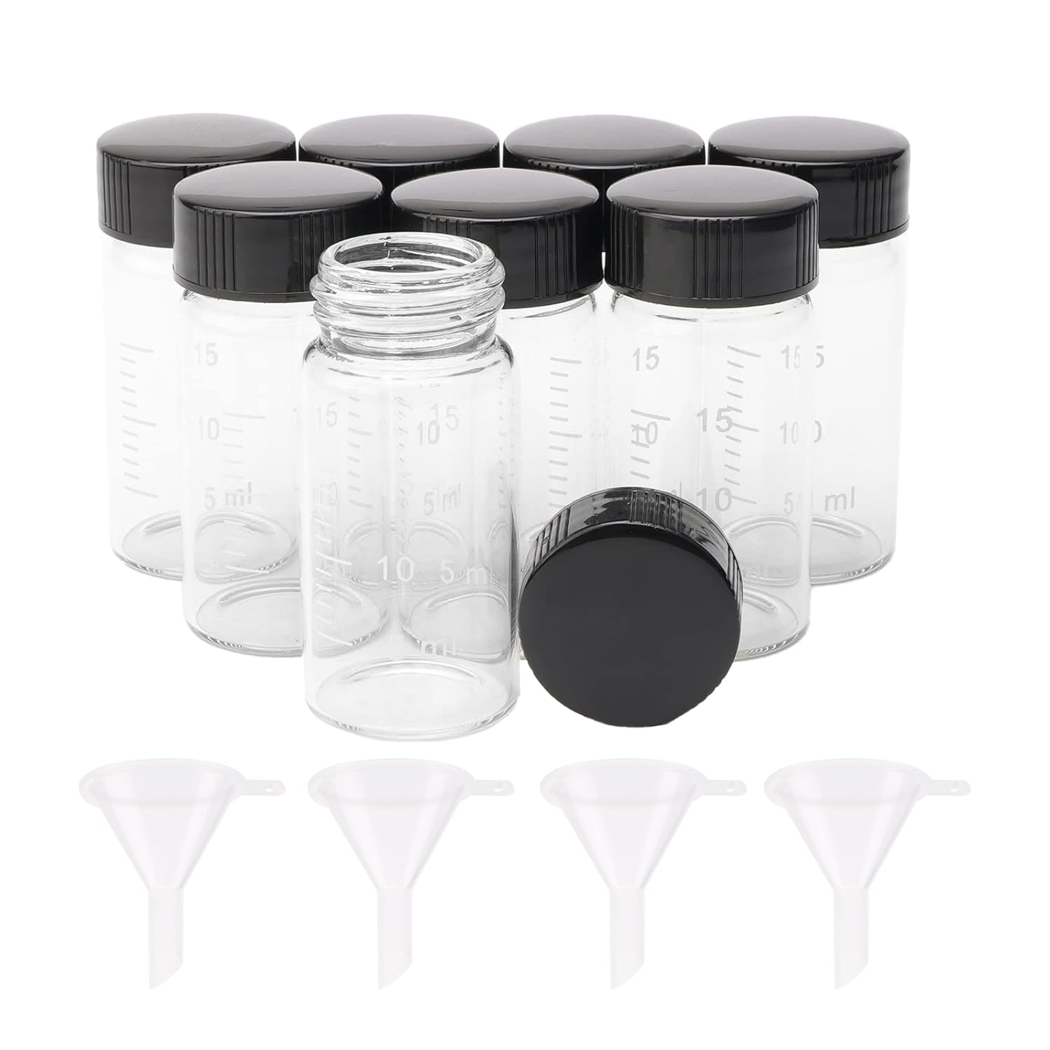 JIUWU 8 Pcs Transparent Glass Vials with Graduations 20ml Clear Lab Sample Glass Bottles Vials Jars Tubes with 4 Funnels