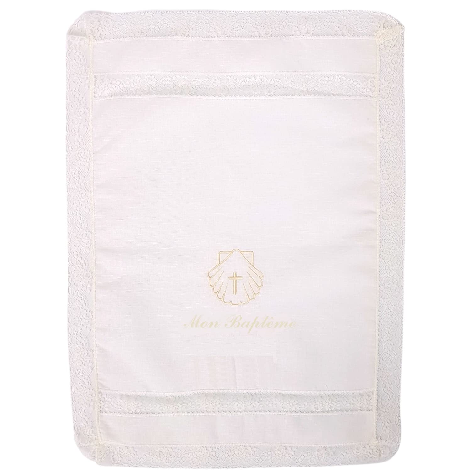 Kit de Bougie et Lange personnalisé pour Baptême - Pack de Cierge décorée pour Baptême et Mouchoir brodés avec le nom et la date du baptême - Modèle Paris (Camel)
