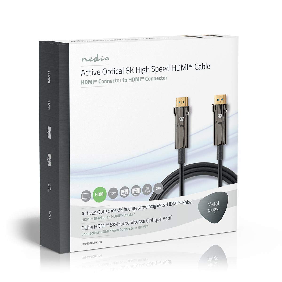 NEDIS Cable de fibra óptica HDMI AOC de 10 m 8 K de 10 m, cable HDMI 2.1 de 48 Gbps de ultra alta velocidad, en pared, compatible con 8K a 60 Hz, 4K a 120 Hz/144 Hz Dynamic HDR eARC HDCP CEC Dolby