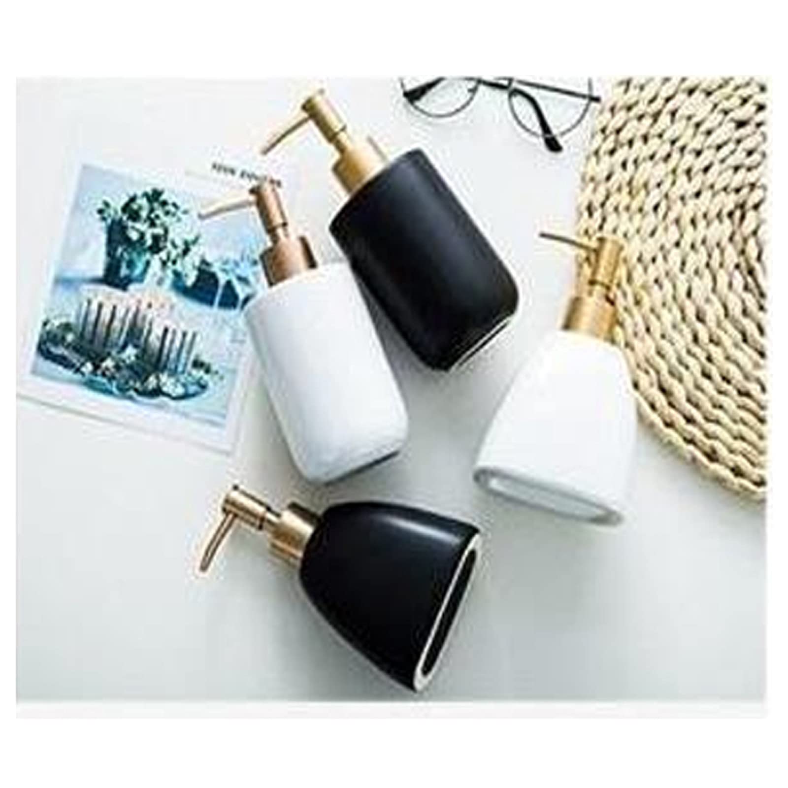 Dispenser di Sapone in Ceramica per Bagno, sottobottiglia per Cucina e flacone per Shampoo e lozione Ricaricabile con Bianco e Nero (Colore: Bianco, Dimensioni).