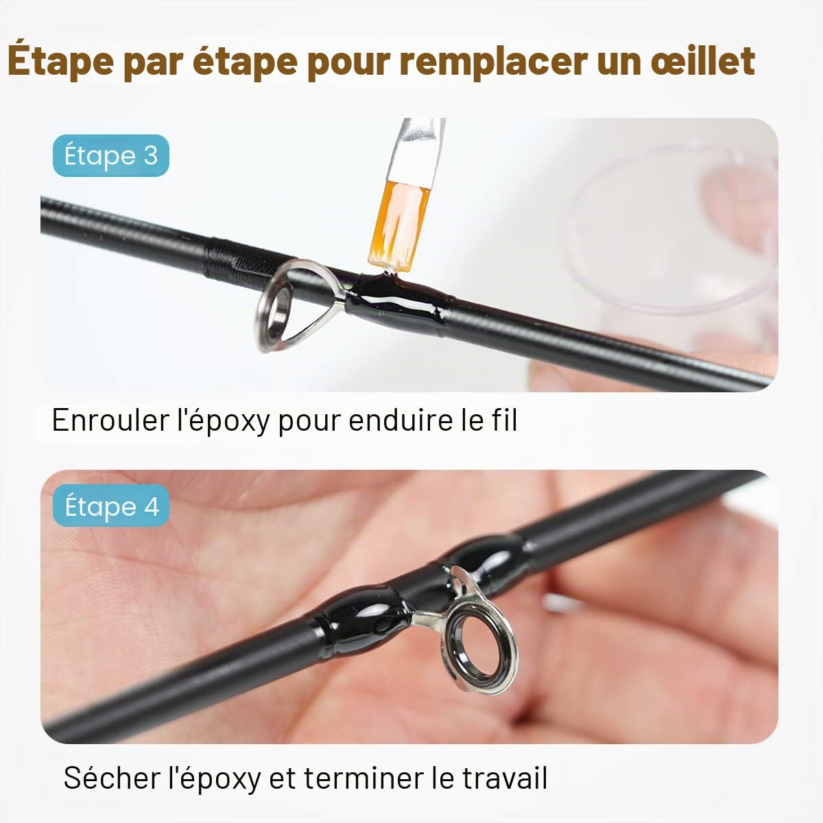 OJY&DOIIIY Kit de réparation de Canne à pêche, Fournitures Tout-en-Un pour œillets de Canne à pêche avec Guides de Canne, Colle époxy, Fil d'emballage et Ruban adhésif