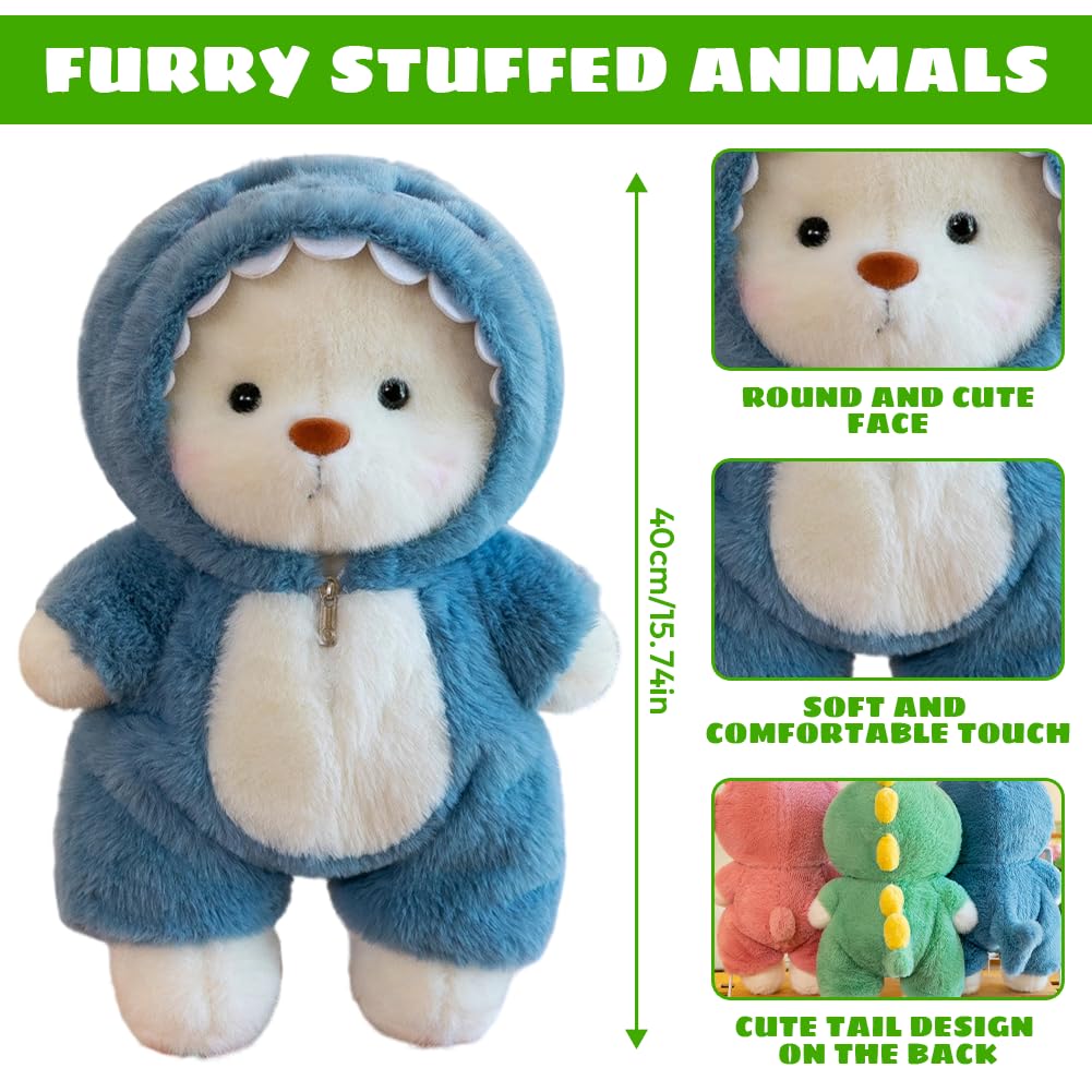 Orsacchiotto di peluche con costume da squalo, orso di peluche di 40 cm, peluche interattivo con costume con cerniera, decorazione per la stanza, regalo per bambini, ragazzi e ragazze, compleanno (Blu