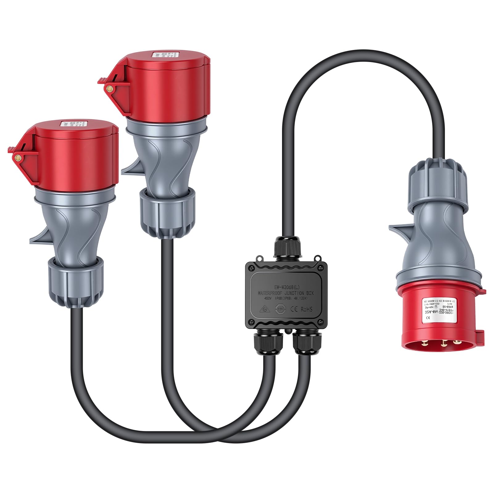 5Pin Adattatore CEE 32A a 16A ×2, Adattatore presa Industriale Lunghezza Totale 1,5m Protezione IP44, Adattatore ad alta corrente per Camper, Campeggio, Caravan, Barca, Cantiere, Uso Esterno