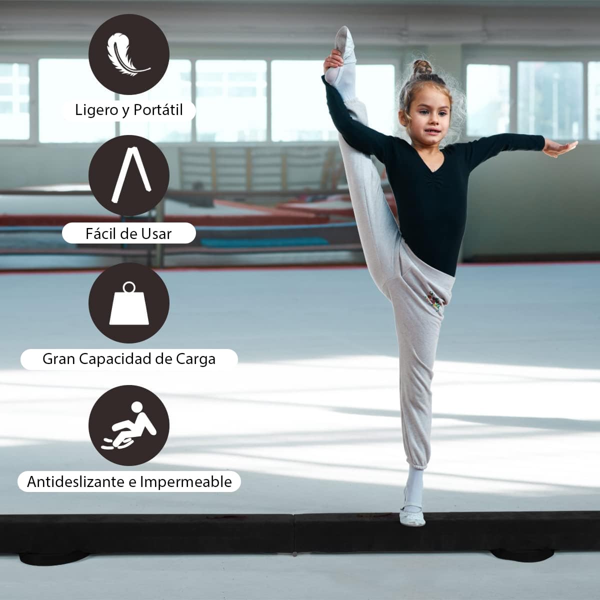 RELAX4LIFE Barra de Equilibrio Gimnasia Plegable 210 cm, Viga de Equilibrio con Patas Elevadas y Asas de Transporte, Viga de Equilibrio de EPE y Pino para Niños, 210x10x6,5cm (Negro)