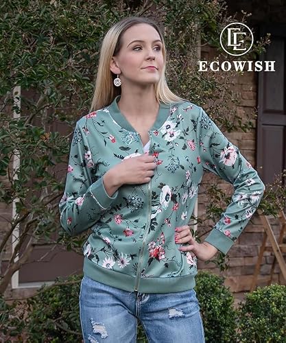 ECOWISH Women's Casual Floral Zip Up Bomber Jacket Coat Stand Collar Lightweight Short Outwear Tops Green XL 832 Green X-Large