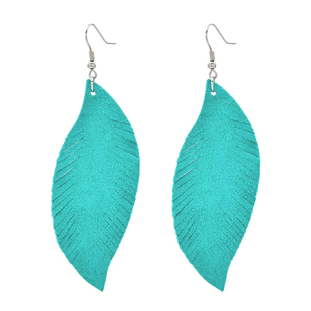 Large Genuine Soft Leather Handmade Fringe Feather Lightweight Leaf Drop Dangle Earrings Teal Earrings for Women Dangling