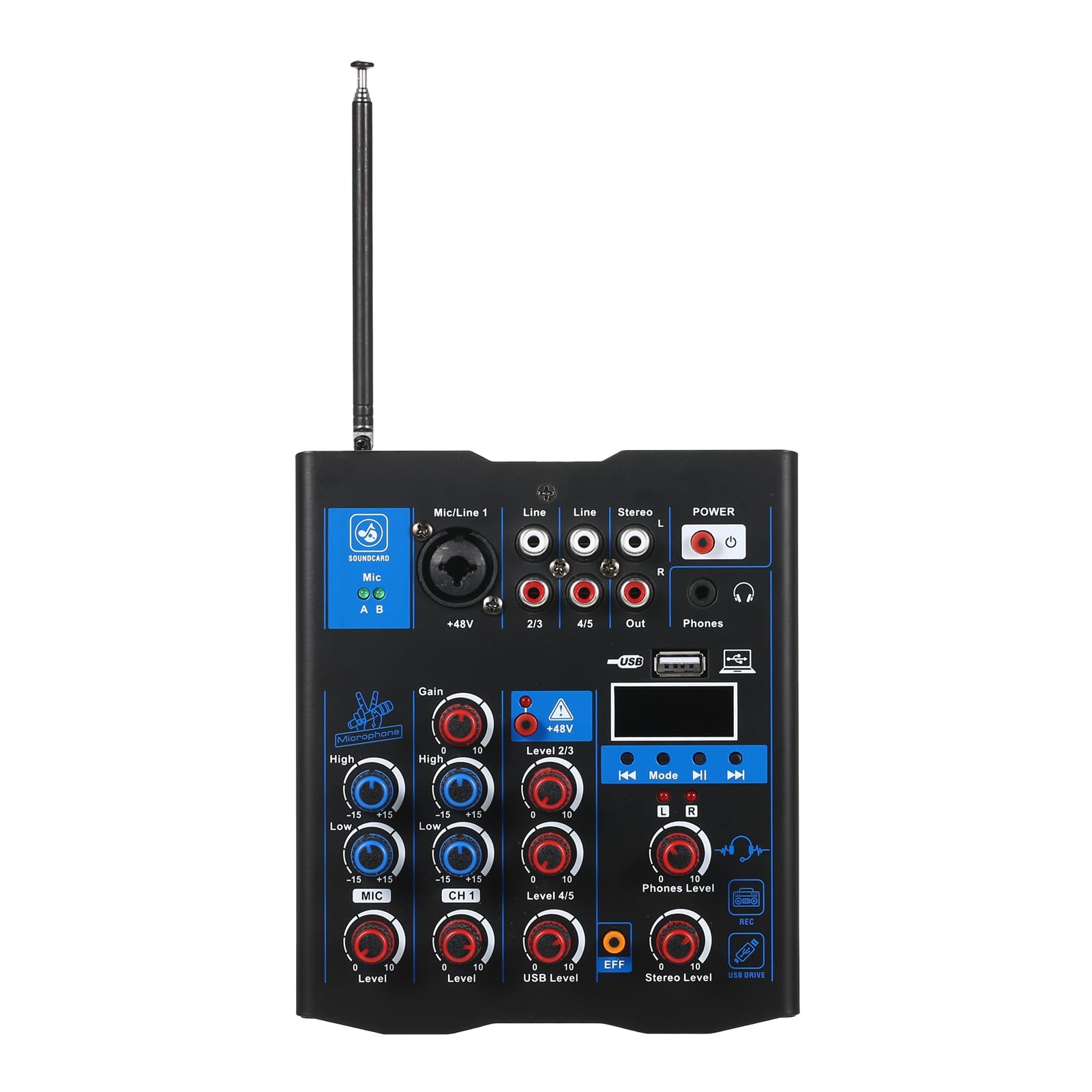 HUIOP Mixer audio professionale con doppio microfono wireless,interfaccia del sistema console della scheda audio Mixer DJ a 4 canali,adatto per altoparlante per chitarra PC DJ Karaoke,Mixer Audio Per