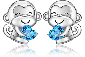 925 Stering Silver Cute Animal Monkey Stud Earrings and Pendant Necklace for Women and Girls