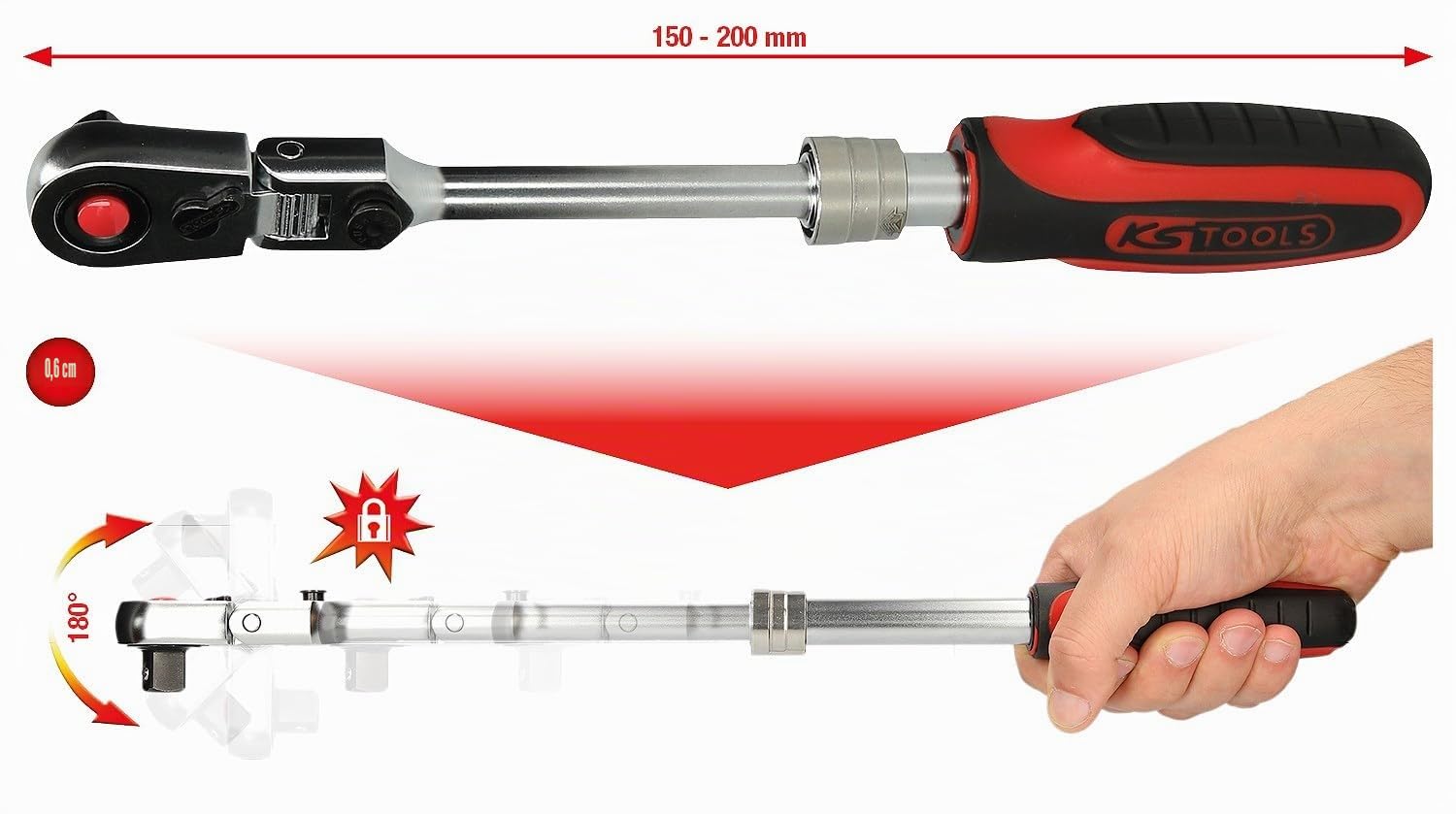 KS Tools 914.1420 Carraca reversible telescópica y articulada SlimPOWER de 1/4", 72 dientes