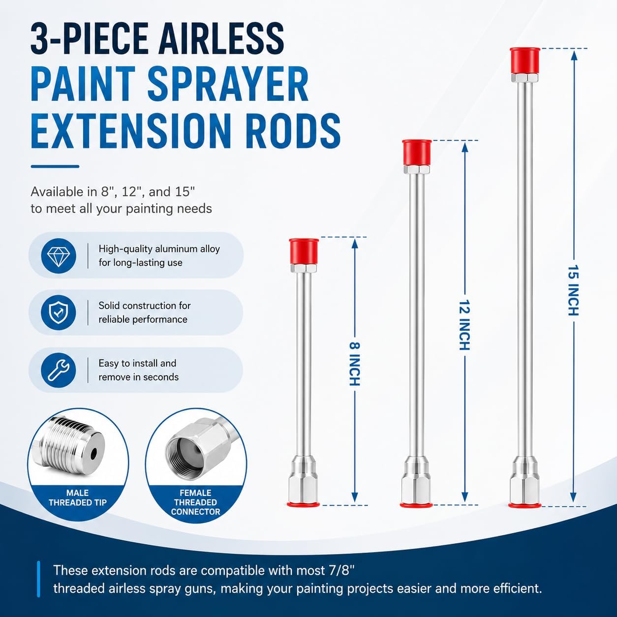 3 Packs Airless Paint Sprayer Extension Wands 8/12/15inch | Universal fit for Graco, Wagner and Titan sprayers; includes red guard and 8/12/15inch painting poles for multi-size use.