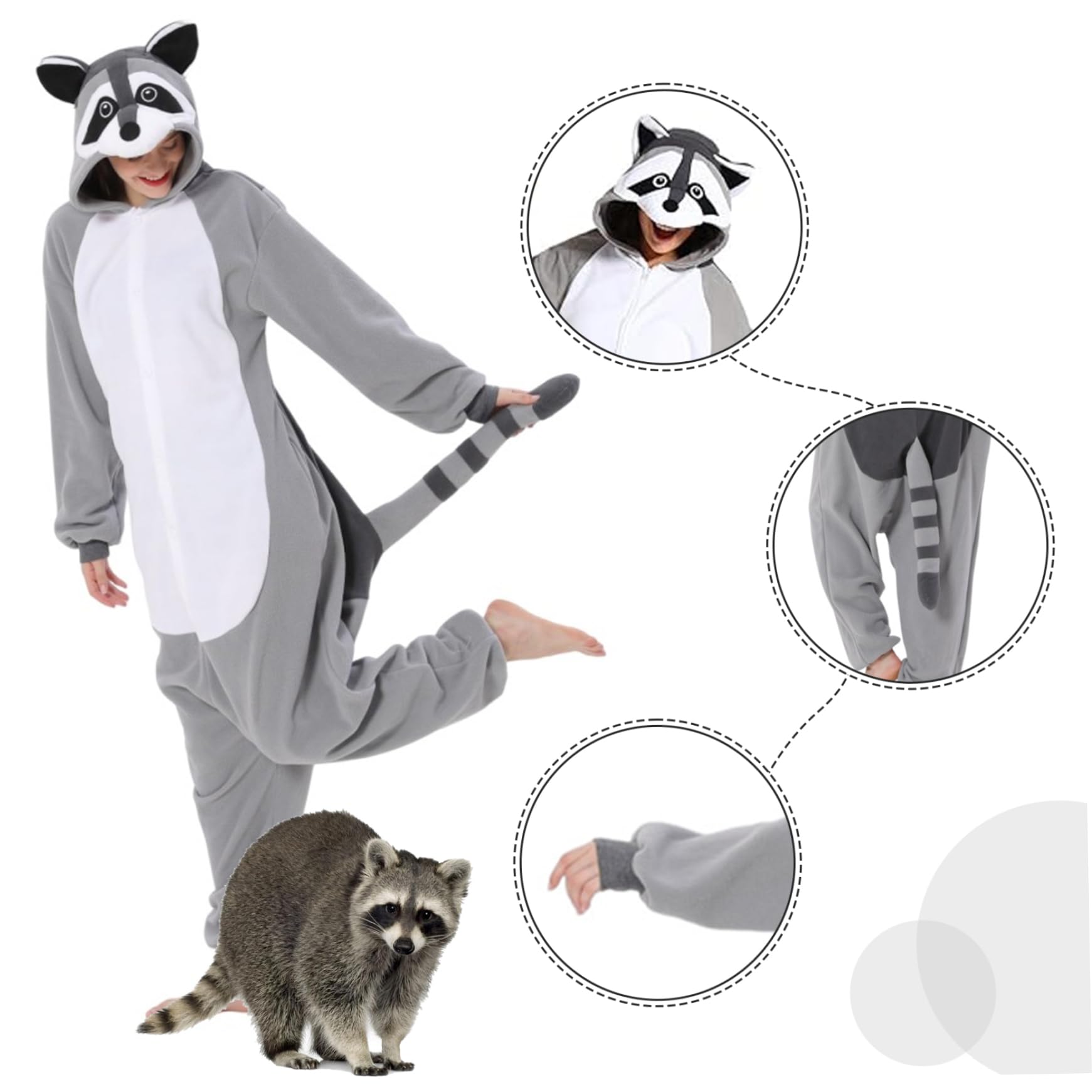 Mono de Mapache para Adulto Pijama de Mapache con Capucha y Cola Mono de Animal de Forro Polar con Cierre de botón Disfraz Lindo y térmico para Navidad, Halloween...