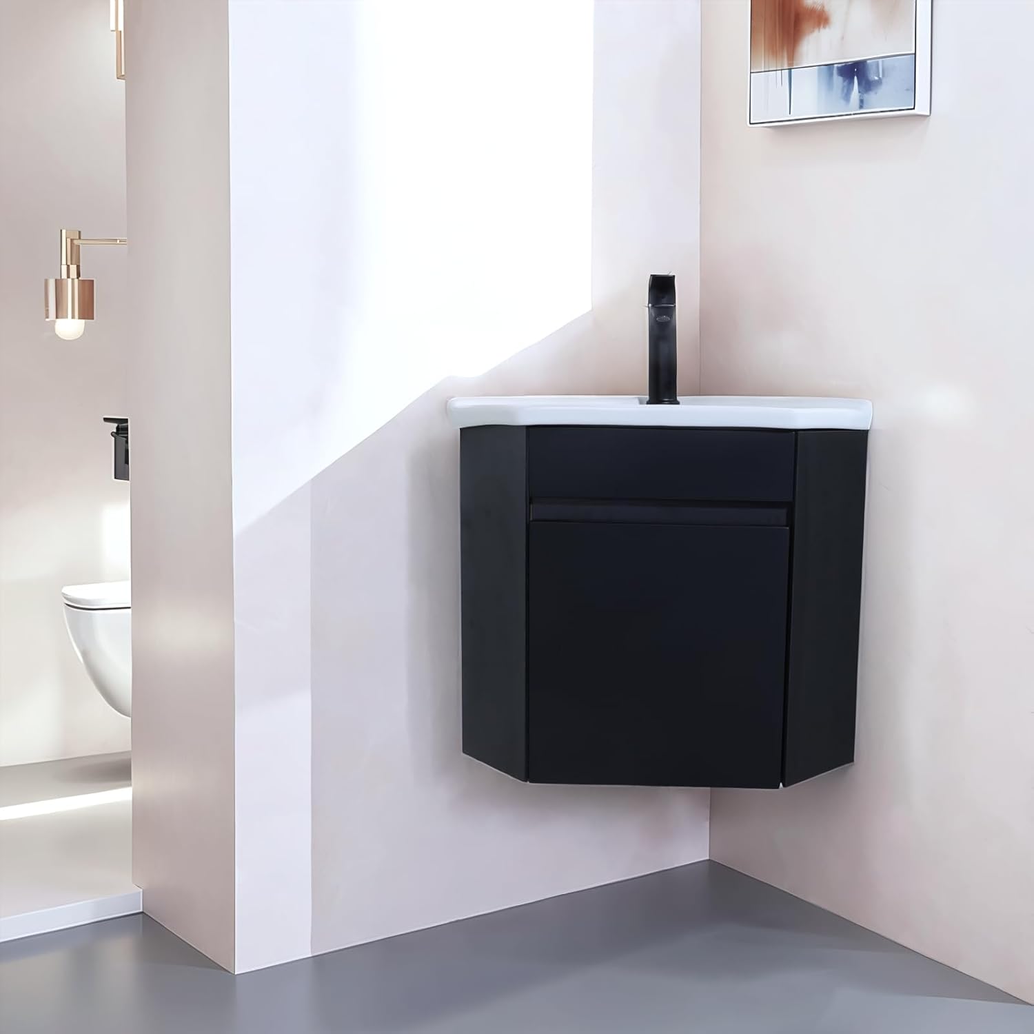 16 Inch Black Floating Corner Bathroom Vanity with Sink, Small Wall-Mounted Cabinet for Small Spaces, Featuring 1 Soft-Close Door