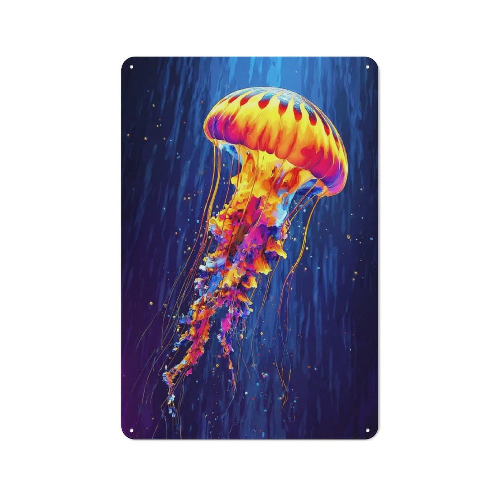 Colorful Jellyfish Artwork Warehouse Style Metal Wall Decor 30x20cm, Industrial Metal Sign for Workspace, Cafe, Hallway Or Garage