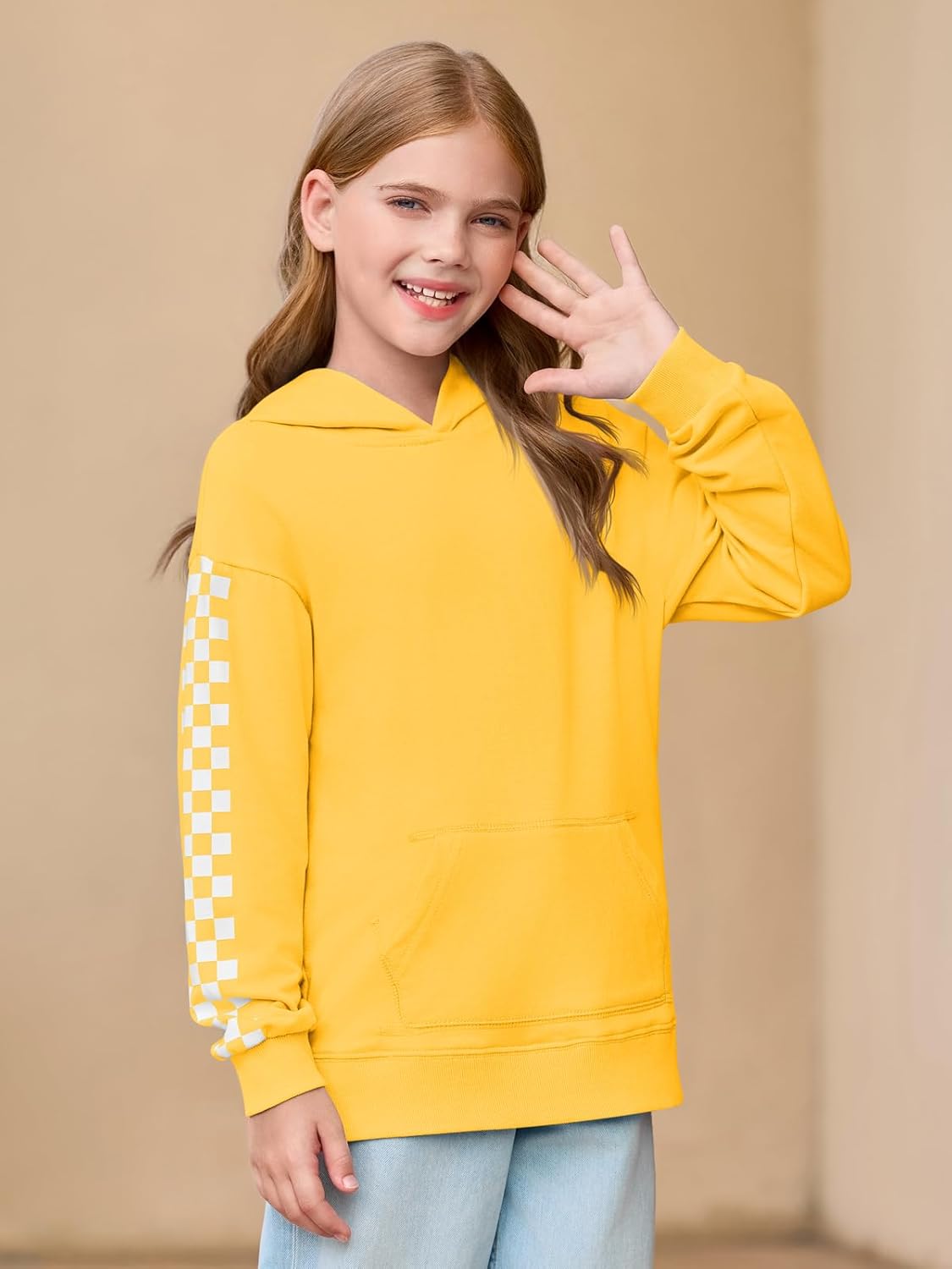 Haloumoning Girls Hoodies Kids Boys Fashion Plaid Long Sleeve Hooded Sweatshirt with Kangaroo Pocket 5-14 Years Yellow 13-14 Years image 2 of 5 B0FFGXCK4H