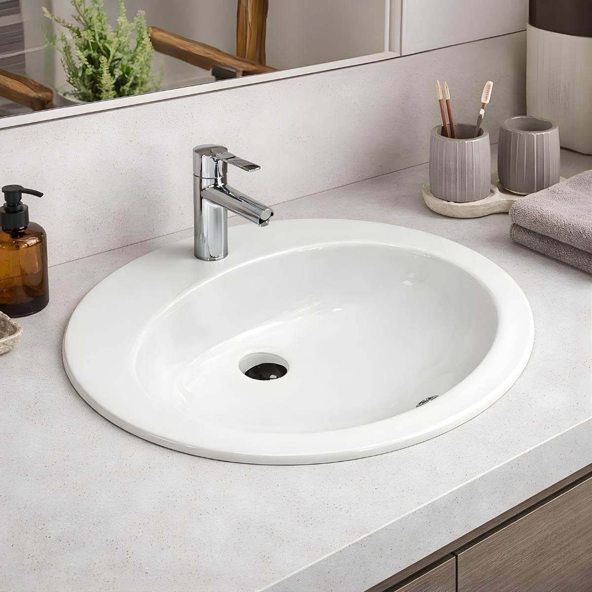 LAVABO Incasso TONDO Ceramica - Lavandino Soprapiano OVAL L. 62 x 52 cm Monoforo Pred. a 3 Fori
