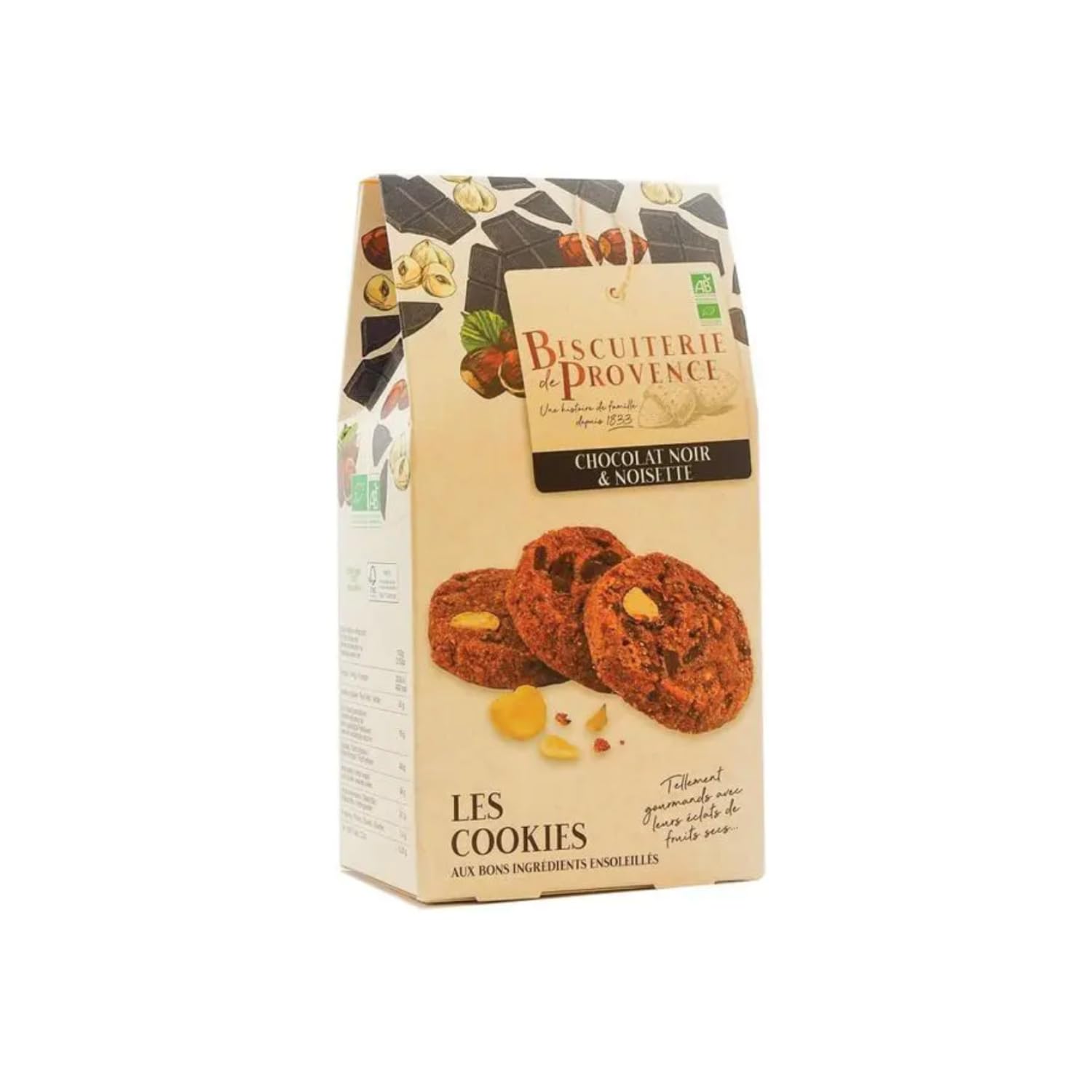 Biscuiterie de Provence | Biscotti BIO Cioccolato Fondente e Nocciole - 3 x 120 Gr | Astuccio Biscotti Francesi al Cioccolato Nero, Mandorle e Nocciole
