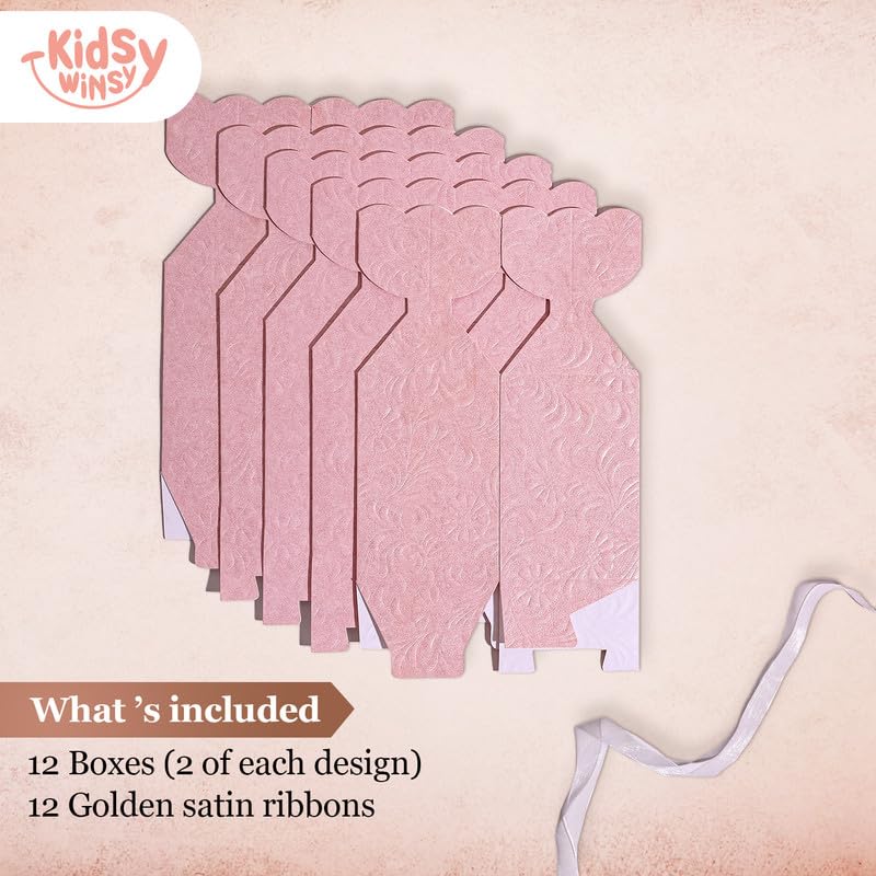 Kidsywinsy Gift Packing Boxes – Pack of 12 | 7x3x3 Inches with Gold Ribbons| Golden Strips-Pink for Return Gifts, Birthday, Baby Shower, Party & Favors