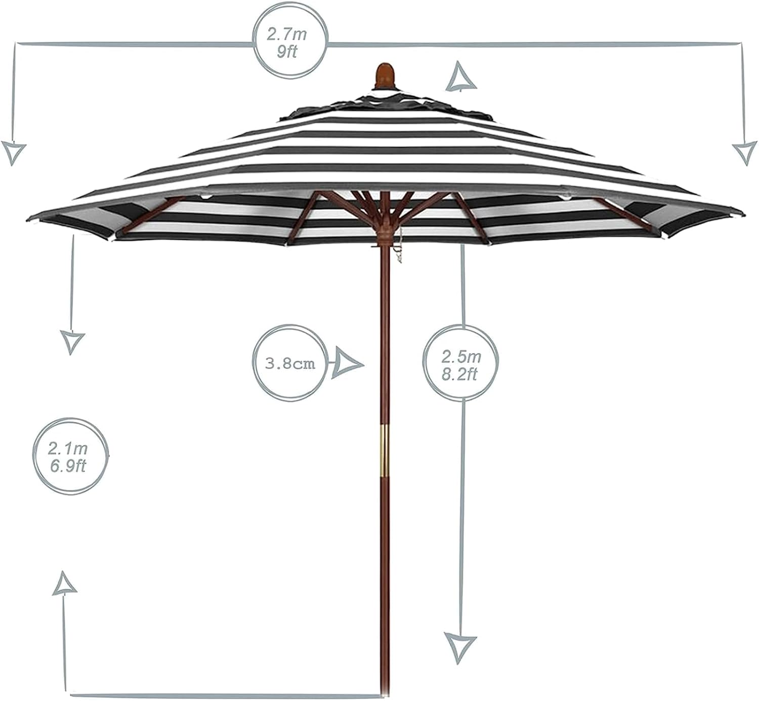Ventilated Patio Umbrella, Black White Striped Beach Umbrella, 3 Adjustable Heights Wooden Outdoor Umbrella with Pulley(A-Without Base)