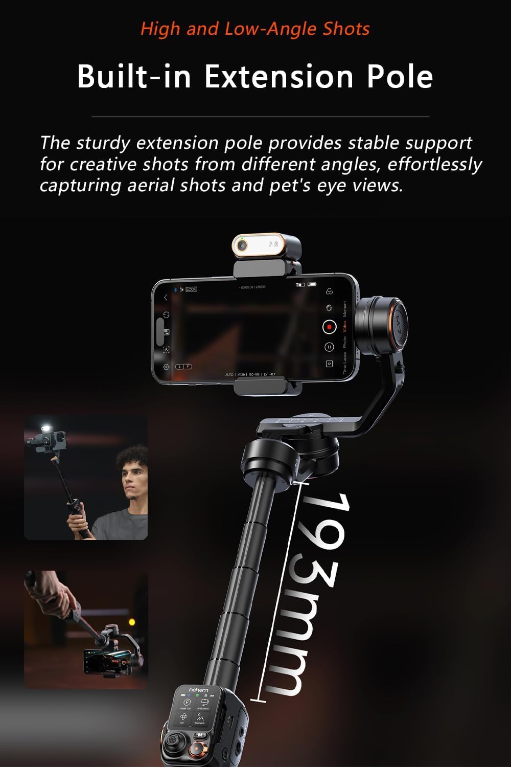 hohem iSteady M7 Stabilisateur pour Smartphone,Traceur Magnétique AI Lumière de Remplissage CCT/RGB, 1.4″ Touchscreen Télécommande Détachable & Perche, Charge utile 500g, Gimbal pour iPhone Android