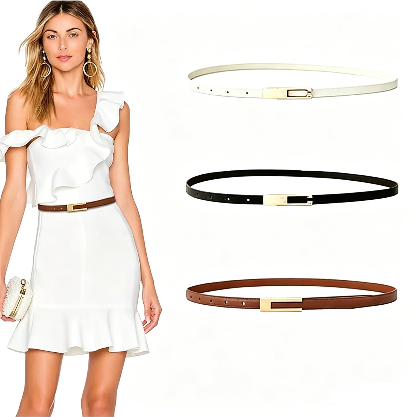 Belt for Women Dresses, Faux Leather Waist Belt Set, Adjustable Thin Belts, Black White Dark Brown Colors, Versatile Accessory for Dresses and Skirts-image-10