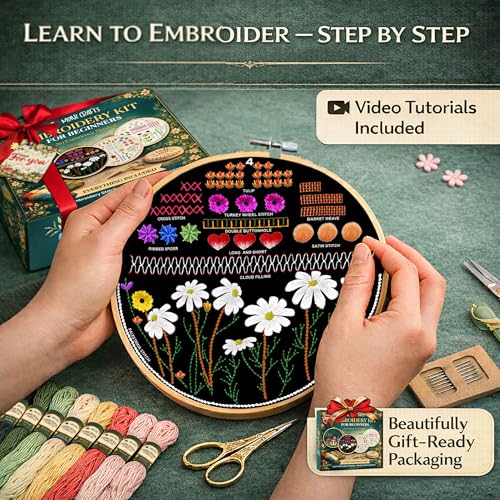 Image of Moni Crafts - Embroidery Kit for Beginners Adults - Learn Embroidery Stitches, Complete Starter Kit with 4 Pre-Printed Patterns (Mushroom & Floral), Threads, Needles & Hoop - Video Tutorials