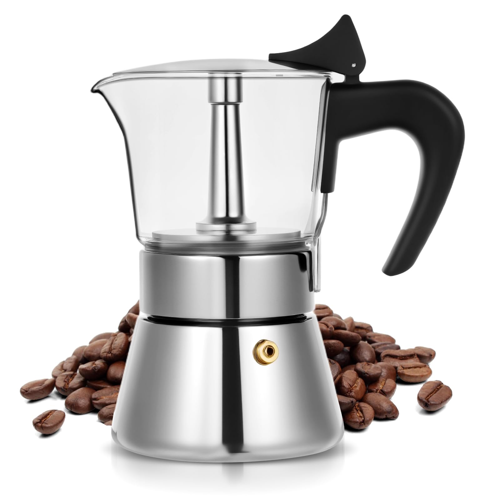 4 Cup 200ml Glass Moka Pot, Stovetop Espresso Maker, Silver | Crystal Glass-top &amp; Stainless Steel Coffee Maker, Induction Compatible, for Greca de Cafe, Cuban and Italian Coffee Brewing