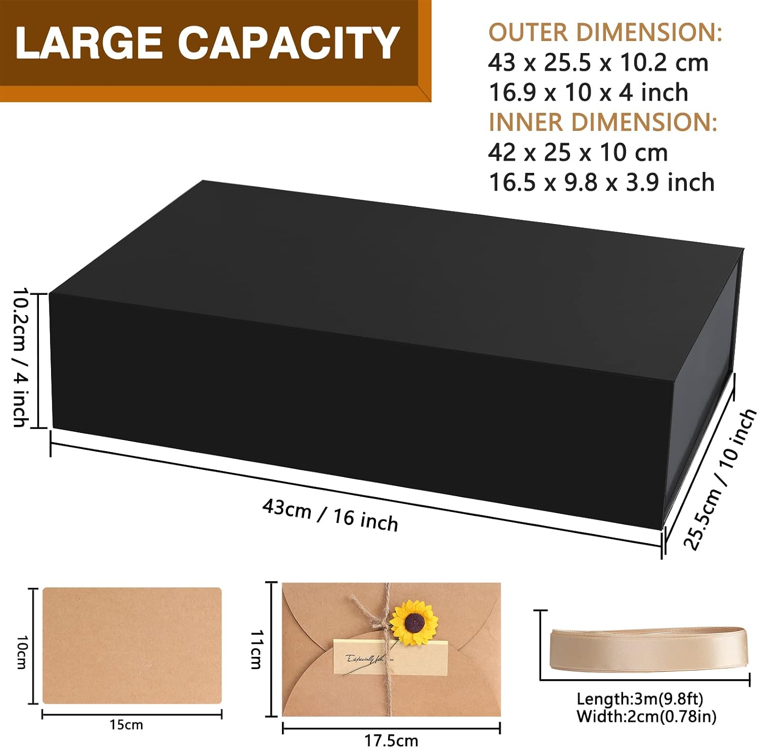 Srvnpioy Extra Large Black Gift Box with Gift Card and Ribbon, 43 x 25.5 x 10 cm, Empty Super Large Magnetic Present Box - Image 3