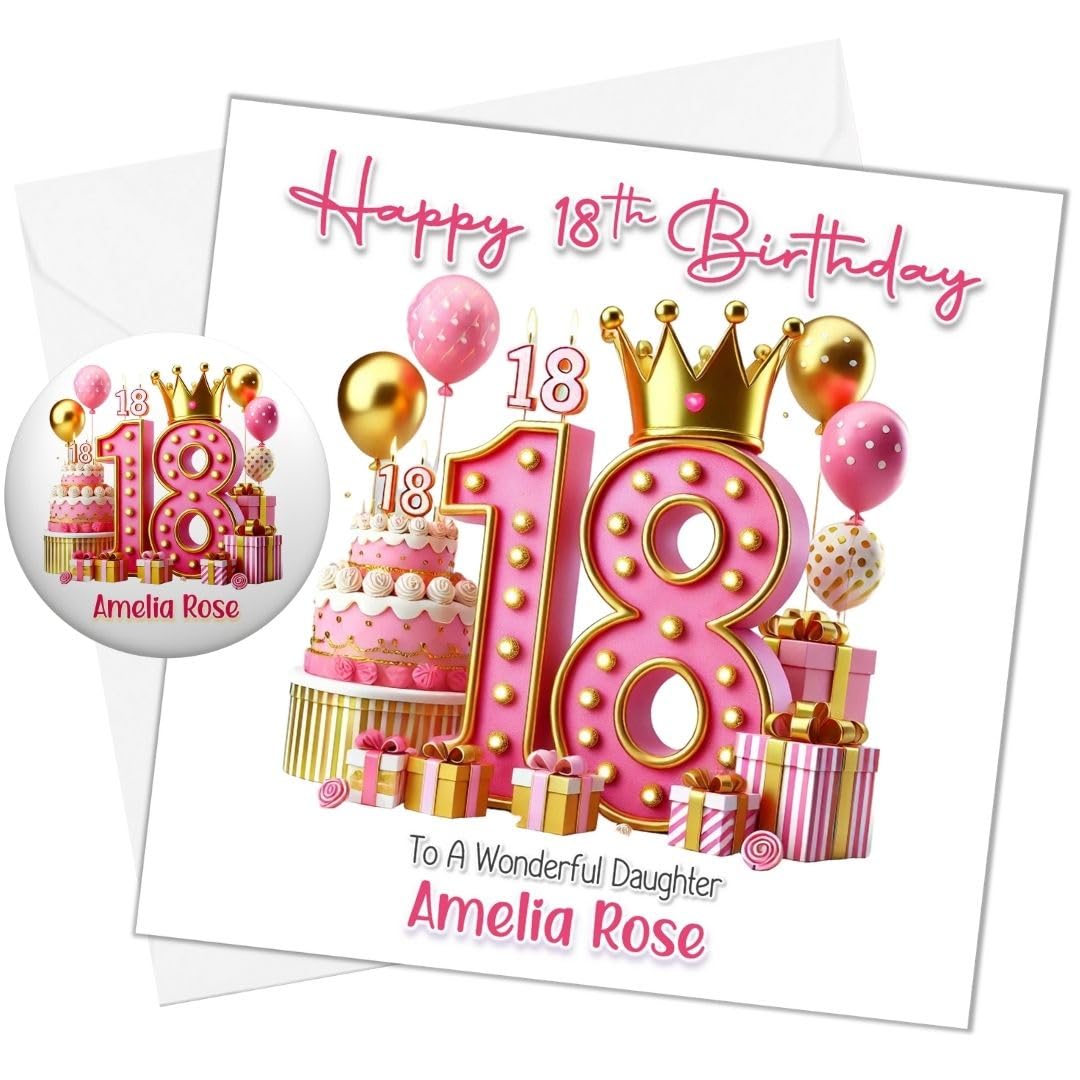 Personalised 18th Girls Birthday Card for Daughter Sister Niece Granddaughter Goddaughter Eighteen Today Eighteenth Womans for Her (Standard Card & Badge)