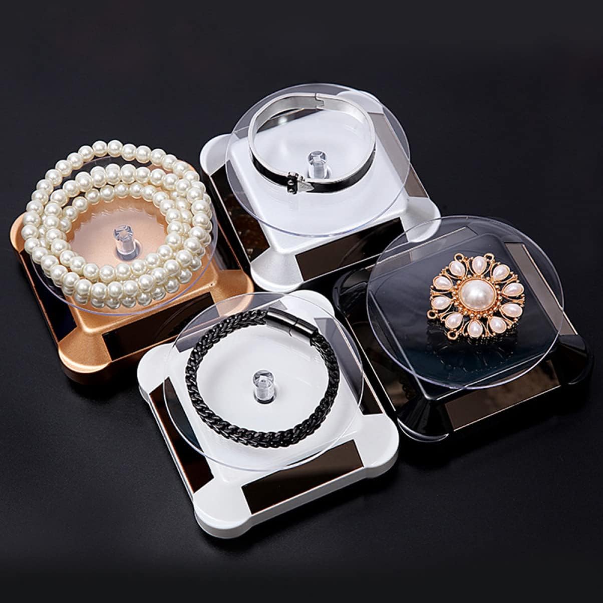 3pcs Solar Rotating Display Stand Silver Tray Load Capacity No Battery Needed for Jewelry Watches Mobile Phones