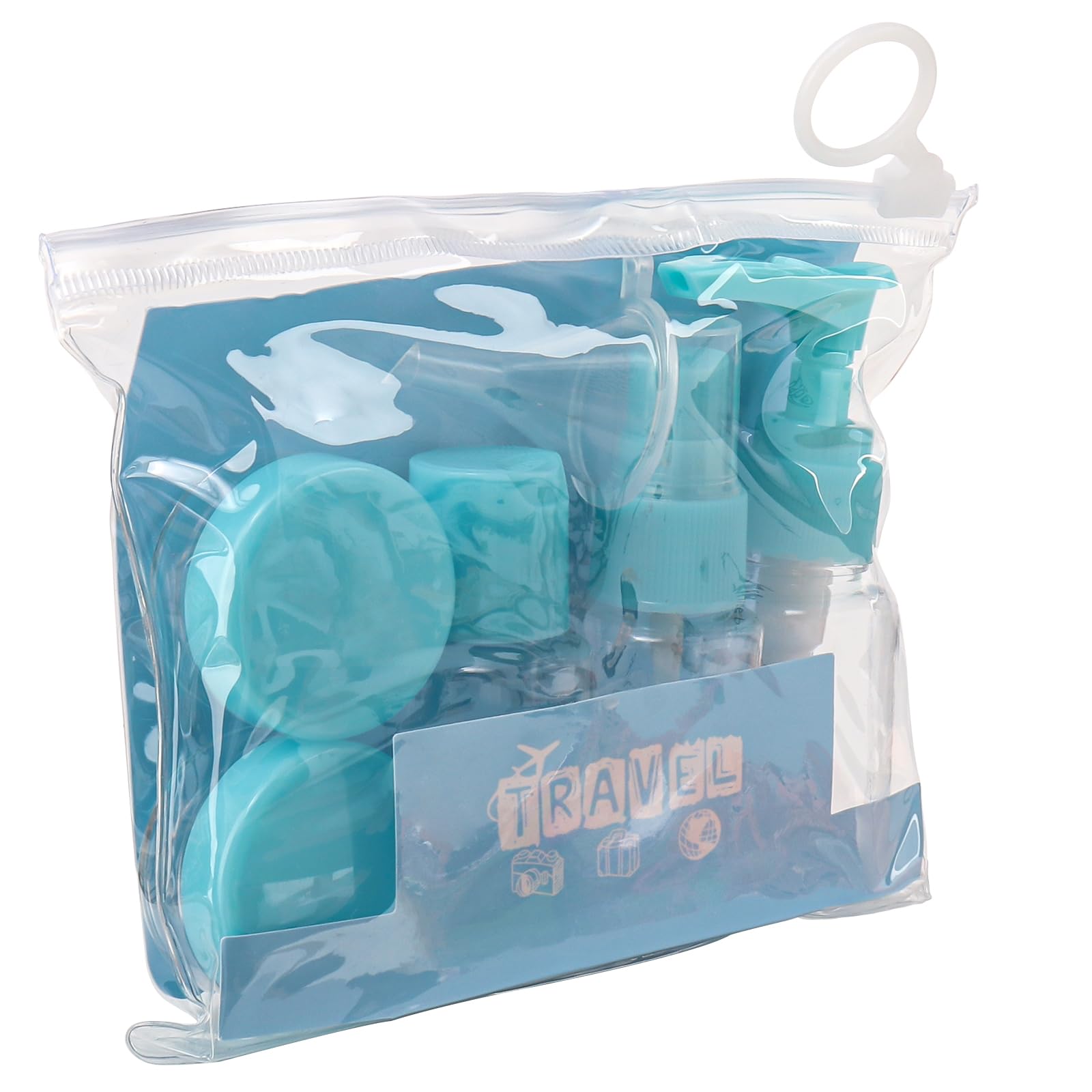 Set of 7 Portable Travel Bottles Kit, Upgraded TSA Approved Leak Proof Toiletry Containers Set, Clear PET Flight Size Cosmetic Containers for Lotion, Shampoo, Cream, Soap, Blue-image-12