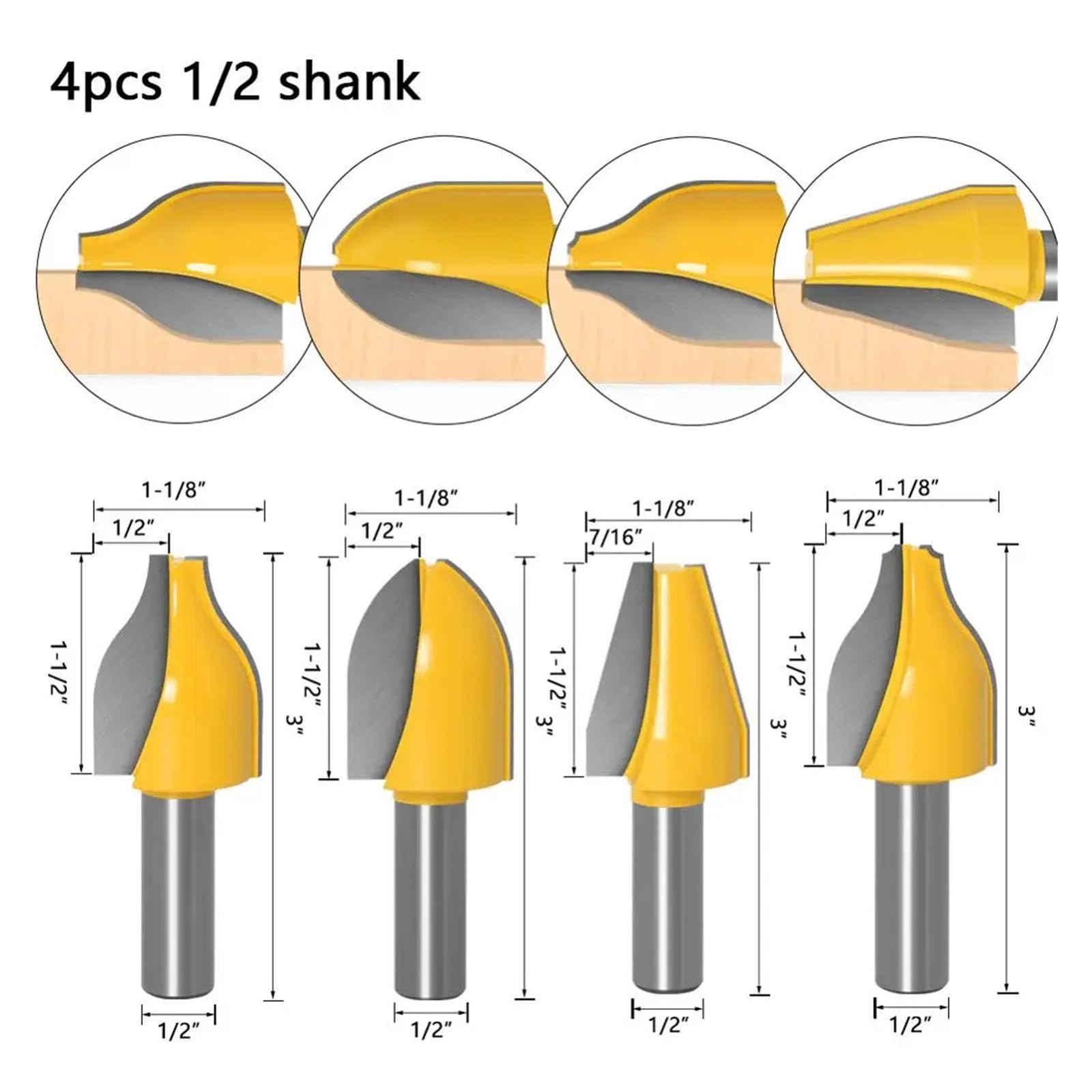 Zestaw frezów do drewna 1/4 szt. 12 mm 1/2" z trzpieniem pionowym do paneli podniesionych, frezy do drewna do obróbki drewna(4pcs 12.7mm shank)
