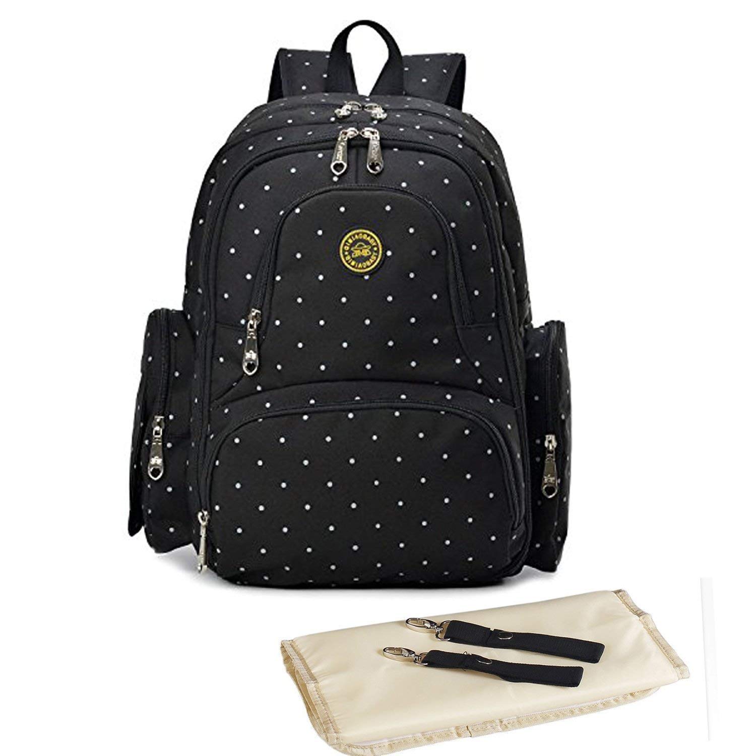 Oxford Baby Diaper Nappy Backpack Waterproof Travel Bag Change Pad Insulation Pocket Fit Stroller (Black-Dot)