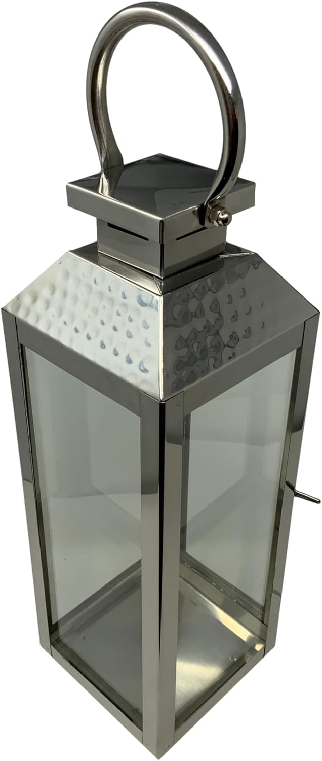 Metal Lantern with Real Glass Panels Silver Nickled 18 inch Height Hanging Modern Vintage for Table Porch Home Party Decor Gift for Indoors Outdoors