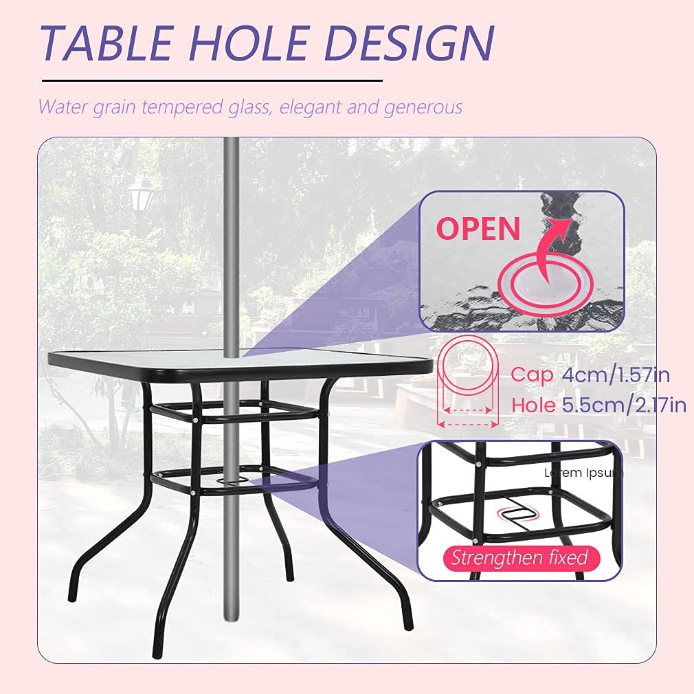 Mesa de comedor para exteriores con agujero de vidrio templado para sombrilla para césped, balcón, patio (cuadrado) 3