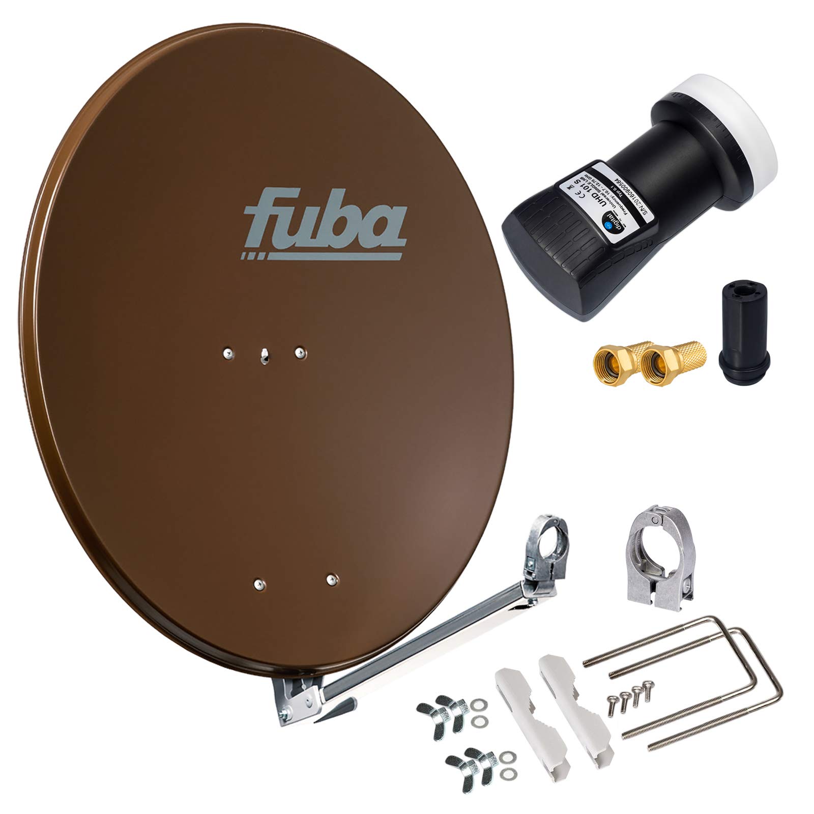 Fuba 80cm Satellitenantenne DAL 800B braun Aluminium Reflektor Klapparm + HB-DIGITAL Single LNB 1 Teilnehmer UHD schwarz + vergoldete F-Stecker
