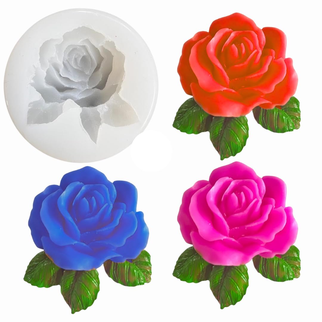 3D Rose Flower With Leaf Candle Fondant Mold, Plant Silicone Mold, Flower Resin Mold for Soap Soy Wax Epoxy DIY Handcraft Home Ornaments Car Air Freshener Decoration Birthday Gifts (PACK OF 1)