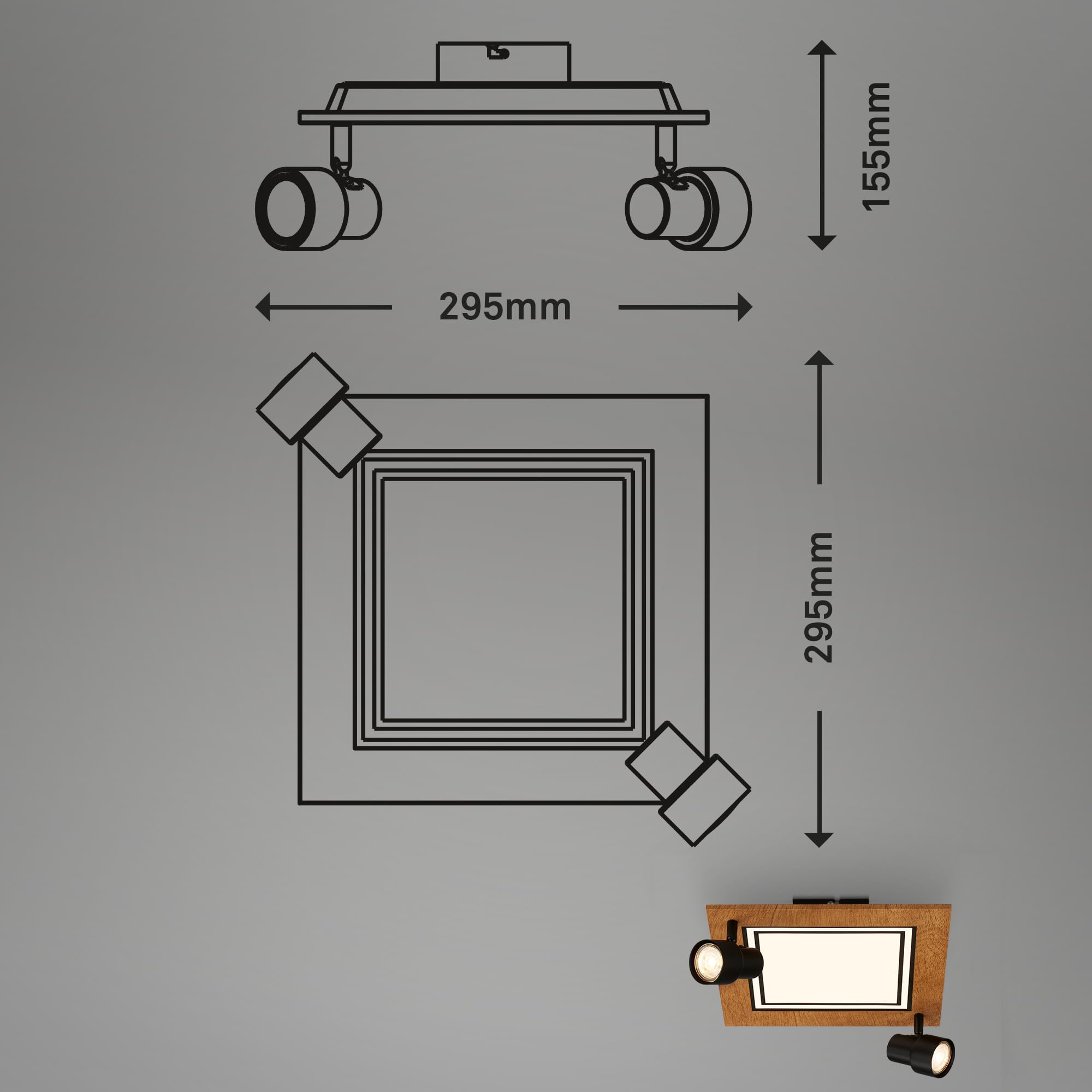 BRILONER - Lámpara de techo LED con focos, luz blanca cálida, lámpara de techo orientable, lámpara LED madera, lámpara de salón 12W con función memoria, 295x295x155 mm (LxAxA)