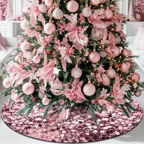 tiosggd Large Pink Christmas Tree Skirts, 48 inch Sequin Candy Christmas Decorations for 7.5ft Tree, Sparkly Glitter Coquette Pink Tree Mat for Wedding Spring Valentines Day Party Decor Cover