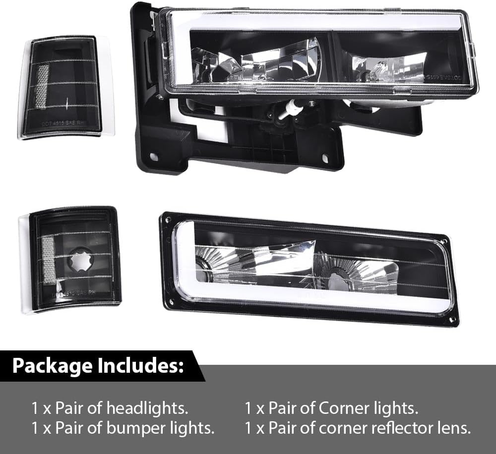CROSSDESIGN LED Headlight Assembly Compatible with Chevy GMC & Chevy Suburban C/K 1994-1999/ Fit Chevy Tahoe & GMC Yukon 1995-1999 Pair Front Left & Right Clear Lens Black Housing Clear Reflector