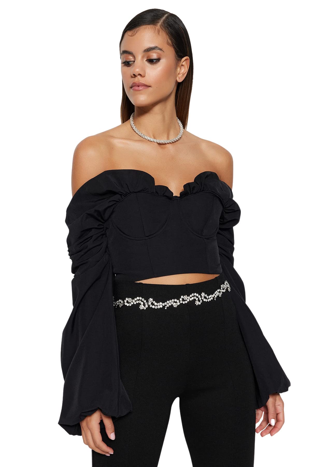 Trendyol Women Fitted Basic Carmen Collar Woven Blouse,Black,42