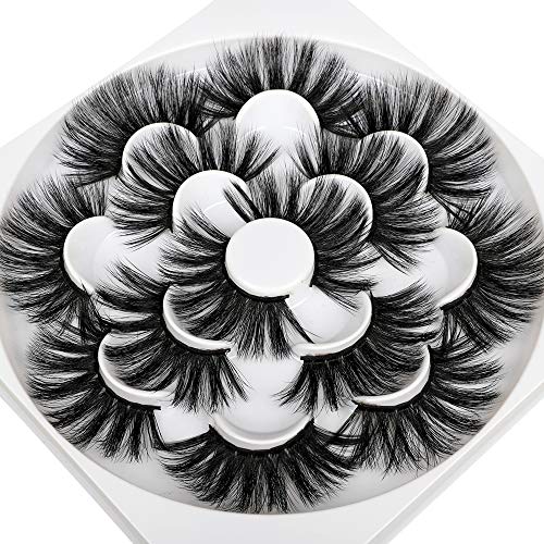 Pawotence 25MM False Eyelashes Thick Volume Faux Mink Lashes Pack Dramatic Long Multi-Layered Wispy 7 Pairs Soft Reusable Handmade Cross Fake Eyelashes