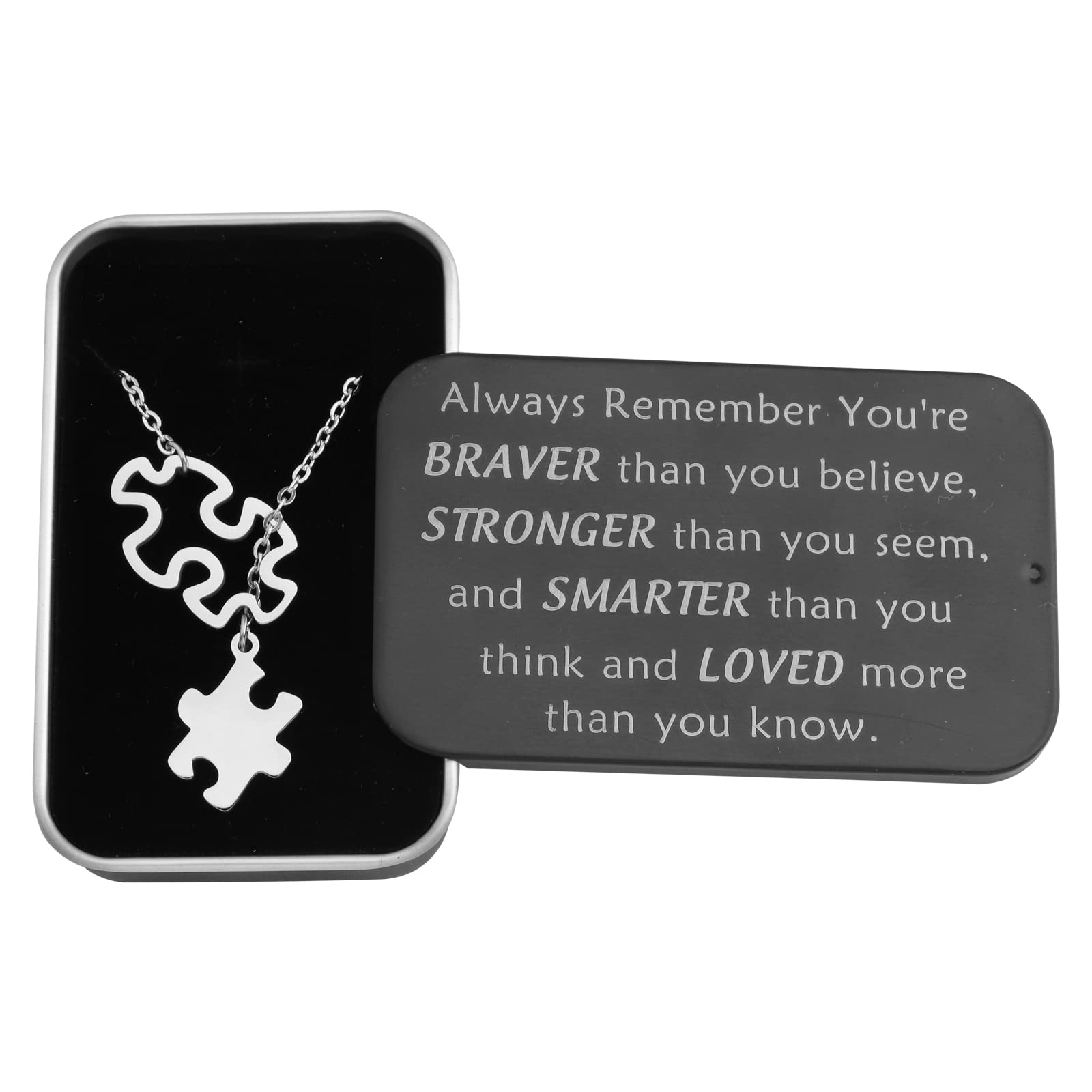 BNQL Collar de concienciación sobre el autismo, collar de rompecabezas para autismo, joyería de regalo para autismo con You Are Braver Stronger Smarter Than You Think Joyero, Collar de autismo, Large