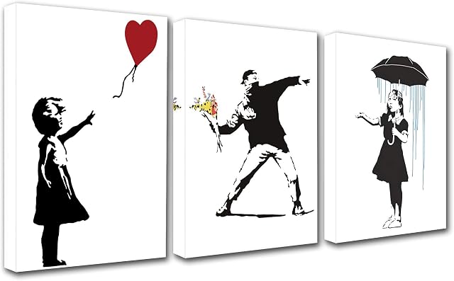 Walarky Black and White Banksy Canvas Wall Art for Living Room Decor Graffiti Street Art Kitchen Wall Decor Artwork Home Decor Room Wall Pictures Picture Print Pop Art Framed Ready to Hang 42x20 Inch