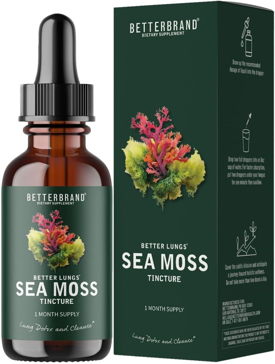 Betterbrand Betterpulmons Tincture Of Sea Moss Powerful Absorption Drops For Lung Health, Digestive, Joints And Thyroid Irish Sea Moss, Spirulina, Vladderwr Root