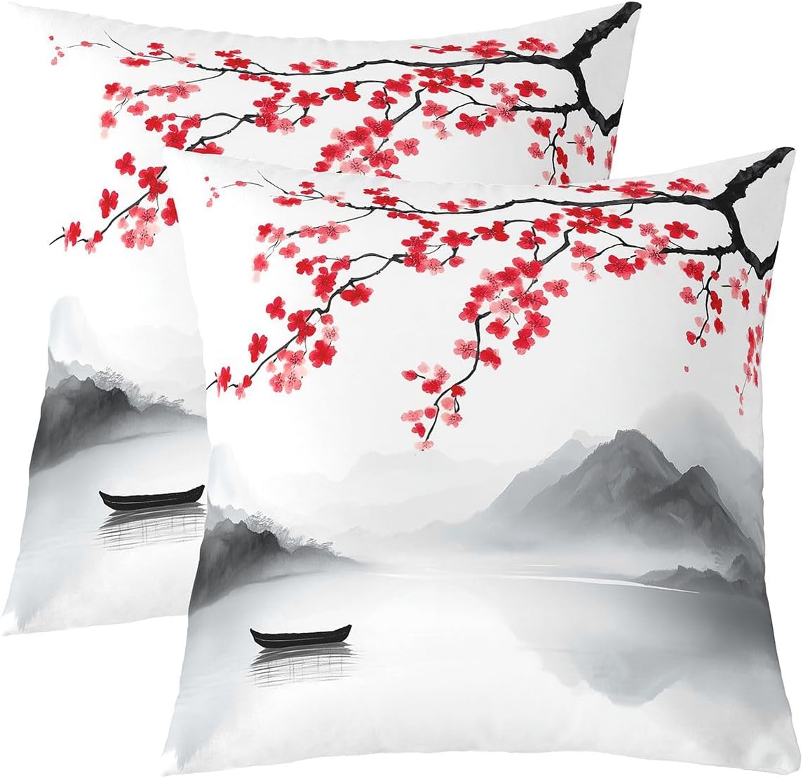 Erosebridal Japanese Set of 2 Throw Pillow Cover 22x22 Cherry Blossom Cushion Cover Retro Asian Anime Mountain Cushion Case Nature Landscape Aesthetic Decorative Pillowcase