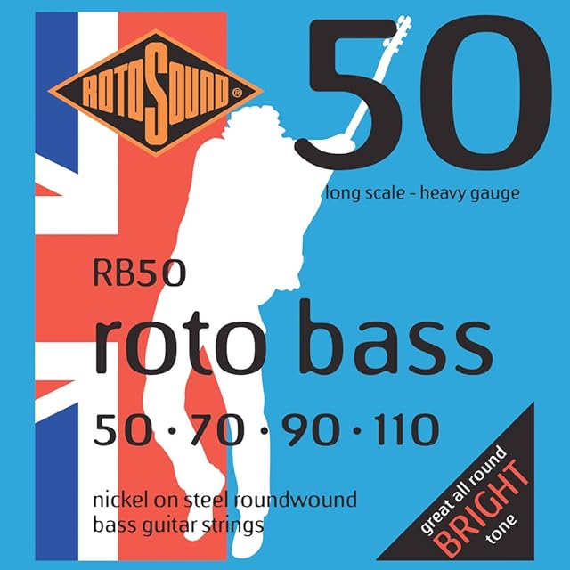 Rotosound RB50 Nickel Heavy Gauge Roundwound Bass Strings (50 70 90 110), White Black Red Blue, Small Medium Large X-Large 2X-Large