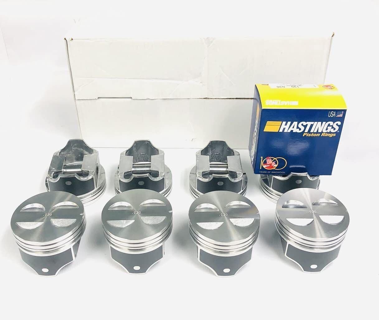 Bundle Set of (8) Hypereutectic Flat Top 4 valve relief pistons and matching Moly rings compatible with 1968-86 Ford 289 or 302 small block Engine. Your choice of sizes! (.040 4.040 Bore)