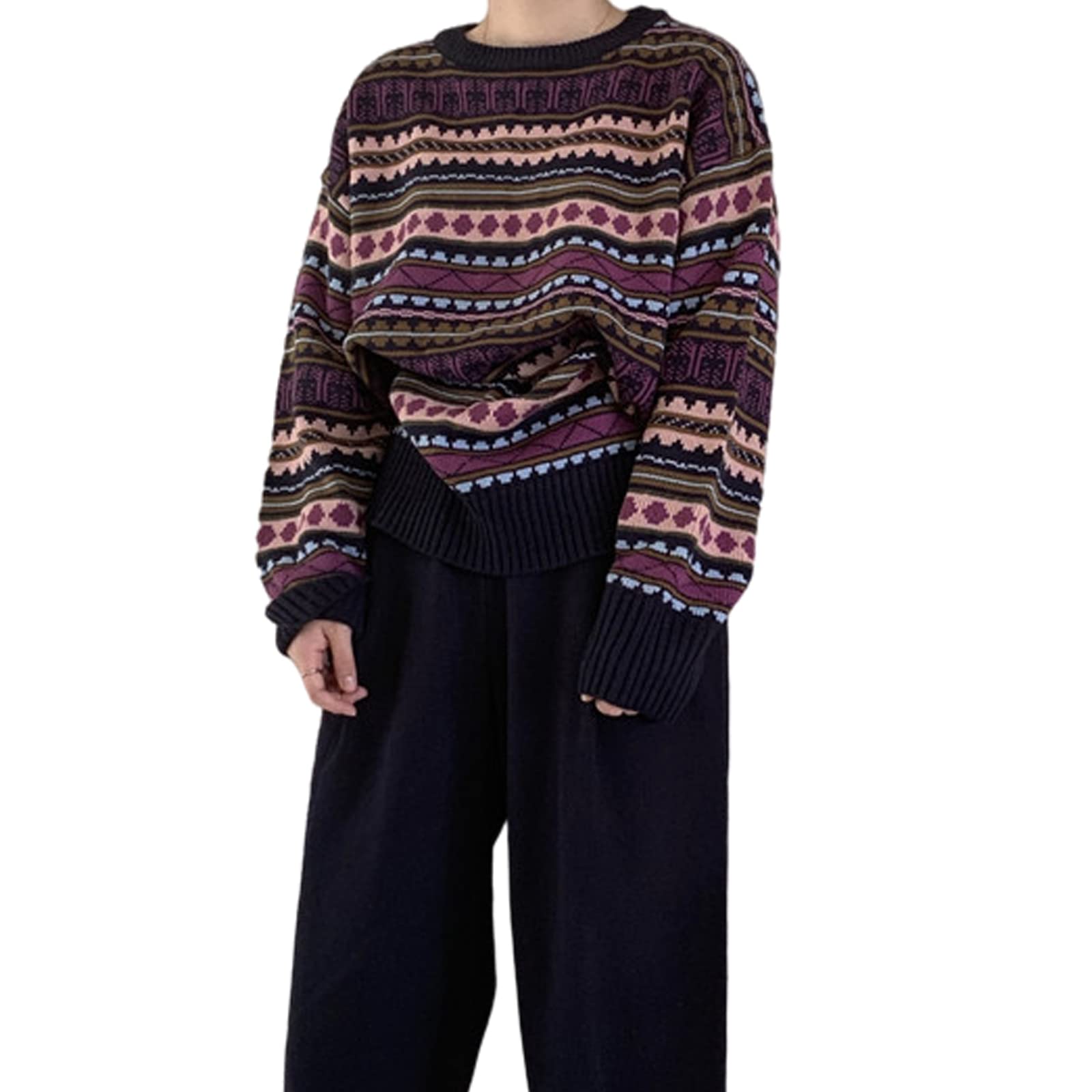 LunoakvoWomen Geometric Pattern Argyle Pullovers Loose Oversized O-Neck Knitted Sweaters Jumper Purple