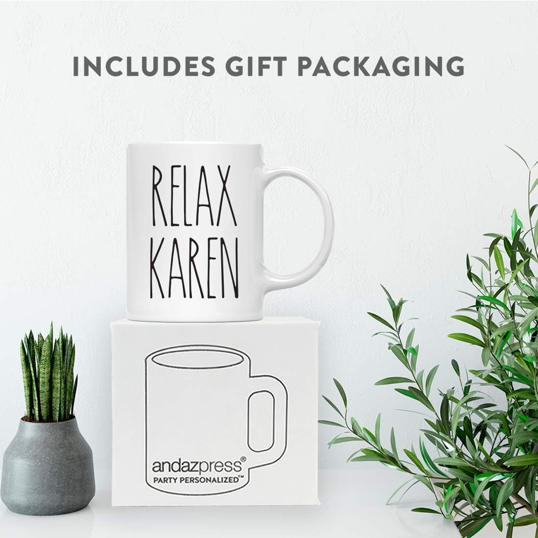 Andaz Press Funny Slang Simple Rustic Farmhouse Kitchen Decor 11oz. Ceramic Coffee Tea Mug Gift, Relax Karen, 1-Pack, Includes Gift Box, Millennial Gen X Birthday Christmas Gift Idea
